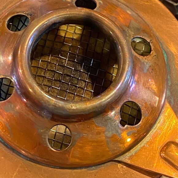 Vintage Spring Swiss Food Warmer Wrought Iron and Copper with Wooden Carved Bas - Picture 7 of 12